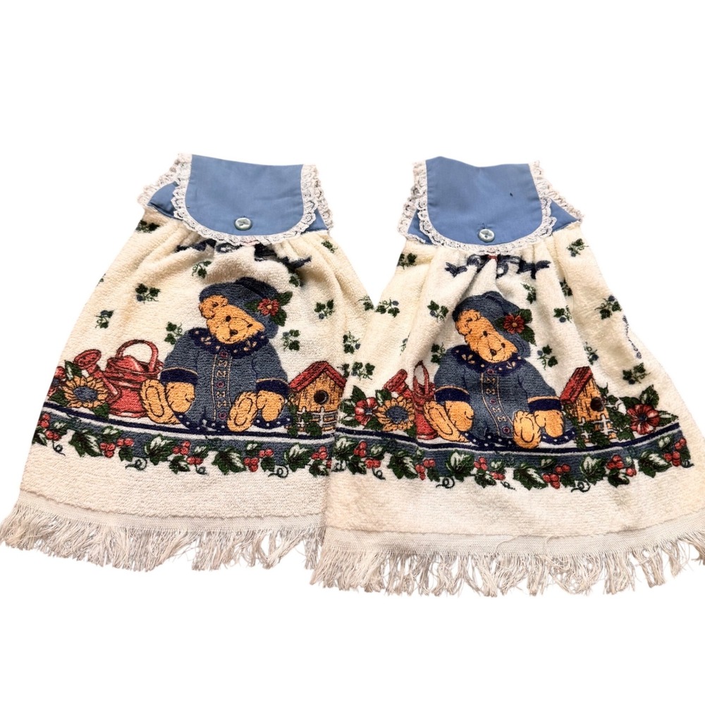 New Vintage Franco Teddy Bear Hanging‎ Kitchen Towels Blue Set Made in Canada